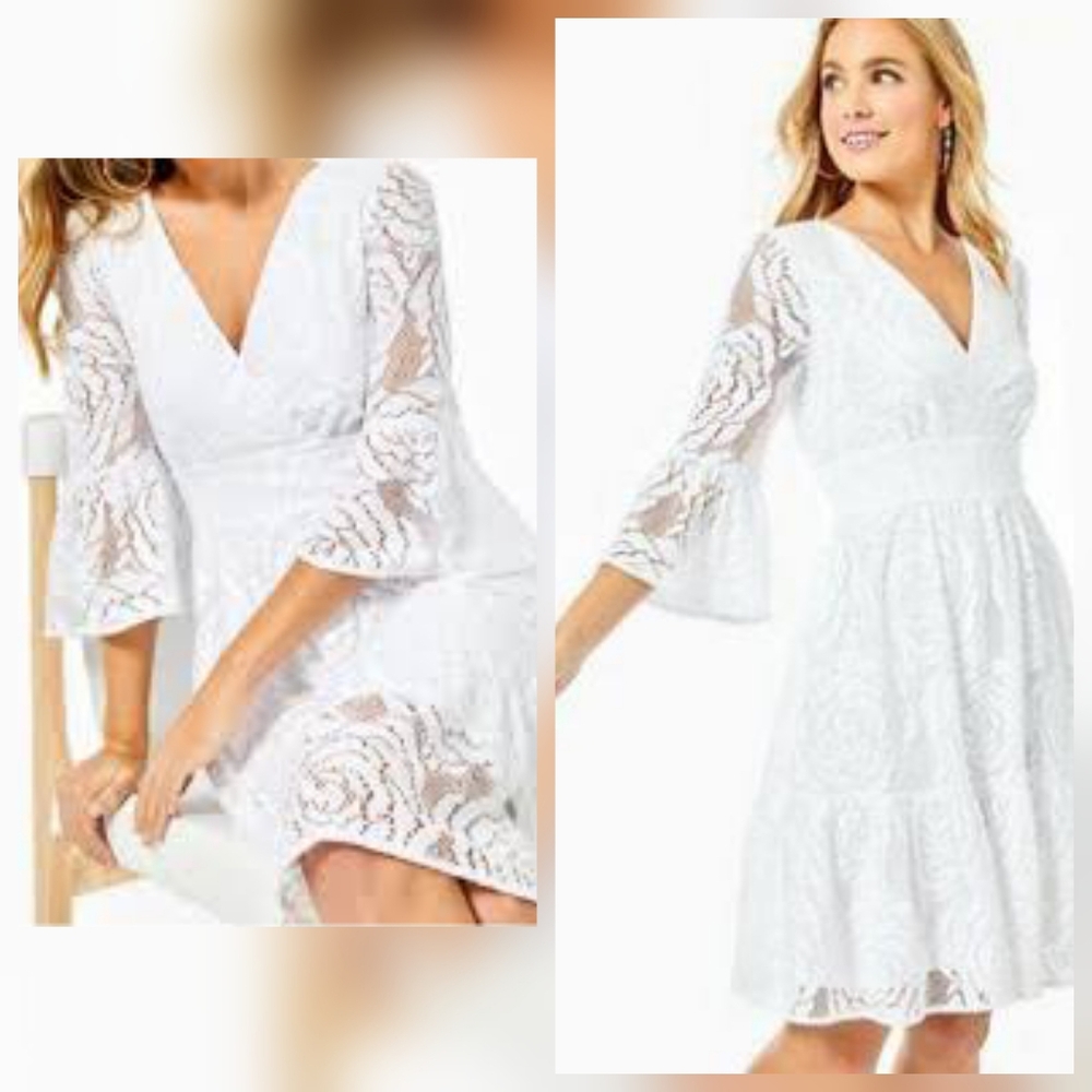 Lilly Pulitzer Cecelia White Lace Vneck Bell Sleeve Midi Dress